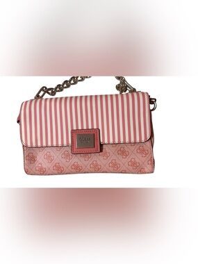 Guess Pink Striped Logo-Print Chain Shoulder Bag